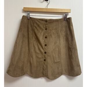 Blue Rain Faux Suede Button Front Scalloped Mini Skirt Womens Medium Brown